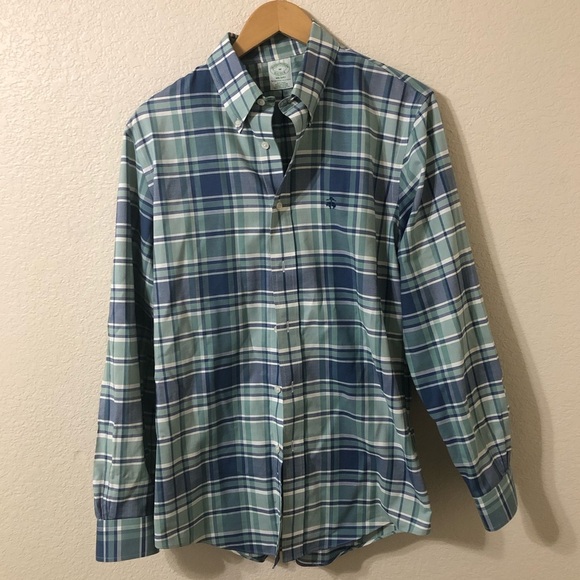Brooks Brothers Milano Button Down Supima Cotton Plaid Blue Green Shirt Medium - Picture 1 of 6